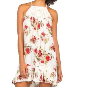 Volcom “SHELLO DRESS”
macramé top spaghetti straps ruffle hem floral boho L